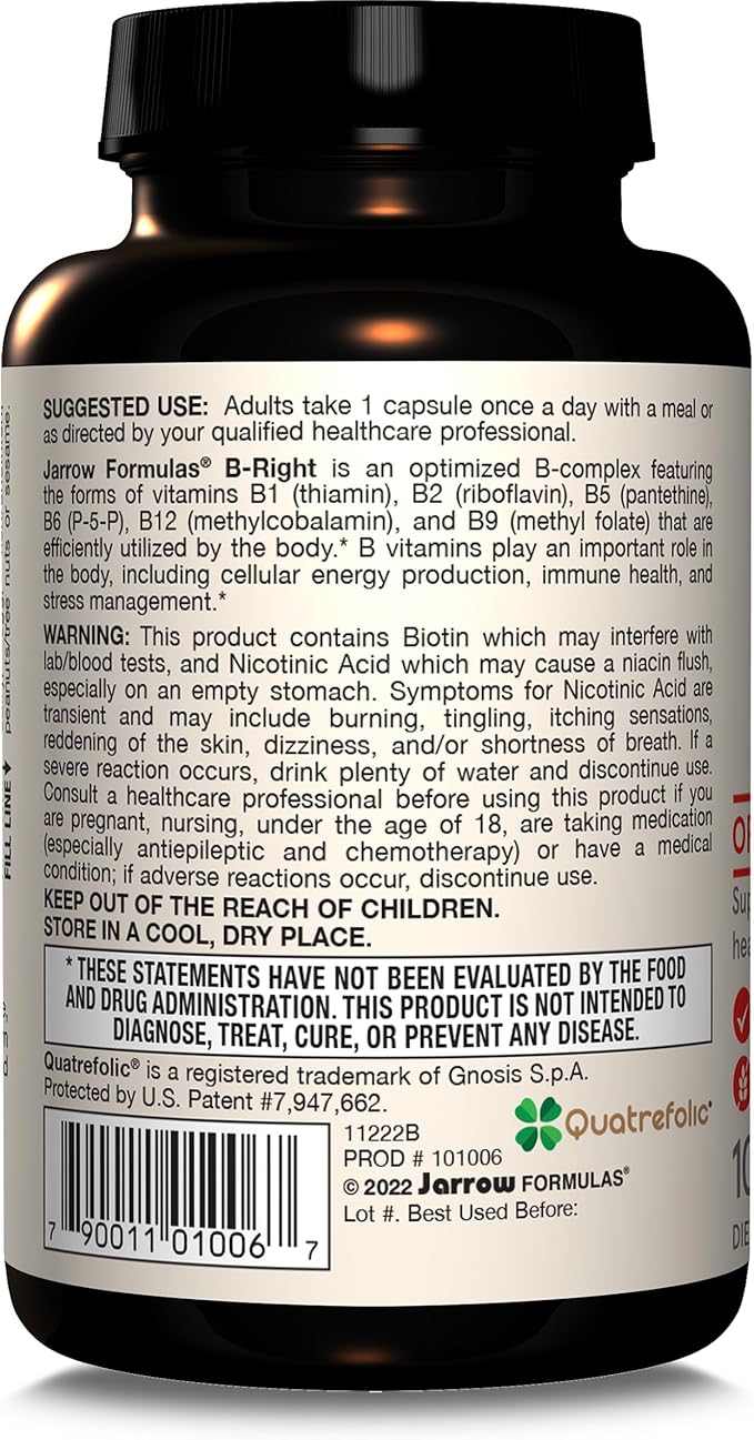 Jarrow Formulas B-Right,Optimized B Complex Featuring VIT B1,B2,B5,B6,B12 and B9 to Support Cellular Energy,Immune Health and Stress Management,100 Veggie Caps,Up to a 100 Day Supply, Pack of 12