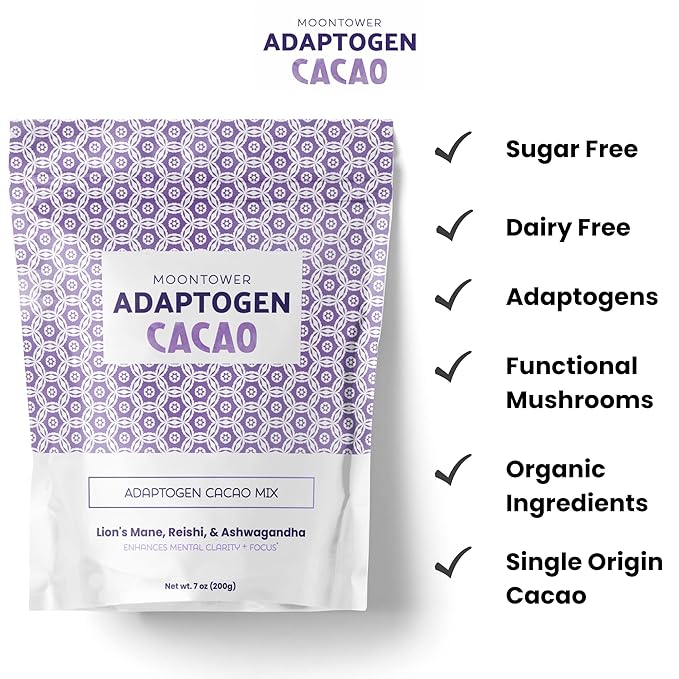 Moontower Cacao Mushroom Coffee Alternative - Lions Mane, Reishi, & Ashwagandha Adaptogen Mushroom Blend - Keto-Friendly, Dairy-Free, for Healthy Lifestyle (7 oz)