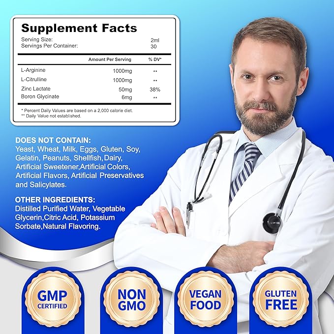 L-Arginine L-Citrulline Drops Liquid, L-Arginine for Men with Boron and Zinc, High Absorption L-Arginine L-Citrulline Supplements, Sublingual Liquid L-Arginine 1000 mg,Vegan, Non GMO, 60ml
