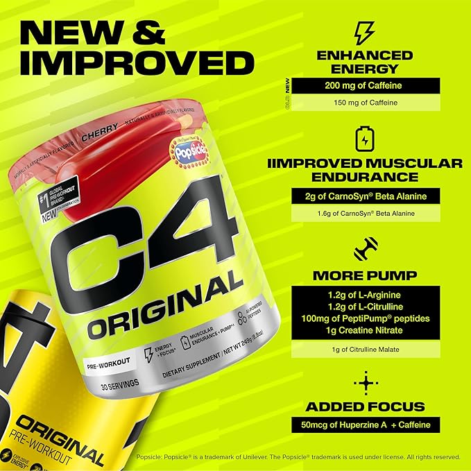 C4 Original Pre Workout – POPSICLE Cherry - Pre-Workout for Endurance, Focus & Performance with 200mg Caffeine, Beta-Alanine, Creatine Nitrate, L-Arginine & PeptiPump – Sugar Free, 30 Servings