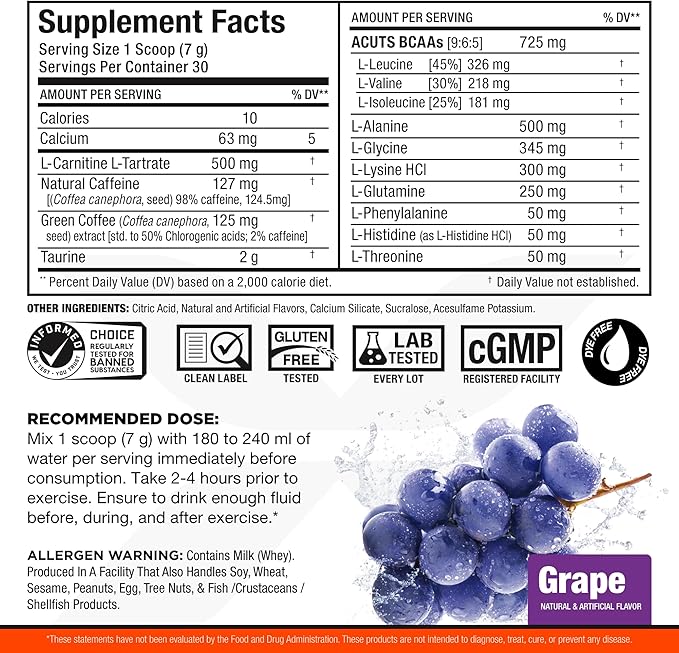 ALLMAX Nutrition AMINOCUTS (ACUTS), Amino-Charged Energy Drink with Taurine, L-Carnitine, Green Coffee Bean Extract, Grape, 30 Servings