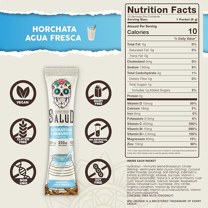 Salud 2-in-1 Hydration Packets + Immunity Electrolytes Powder, Horchata - Jamaica Agua Fresca Drink Mix, Elderberry, Dairy & Soy Free, Non-GMO, Gluten Free, Vegan, Low Calorie, 1g Sugar (15 Servings)