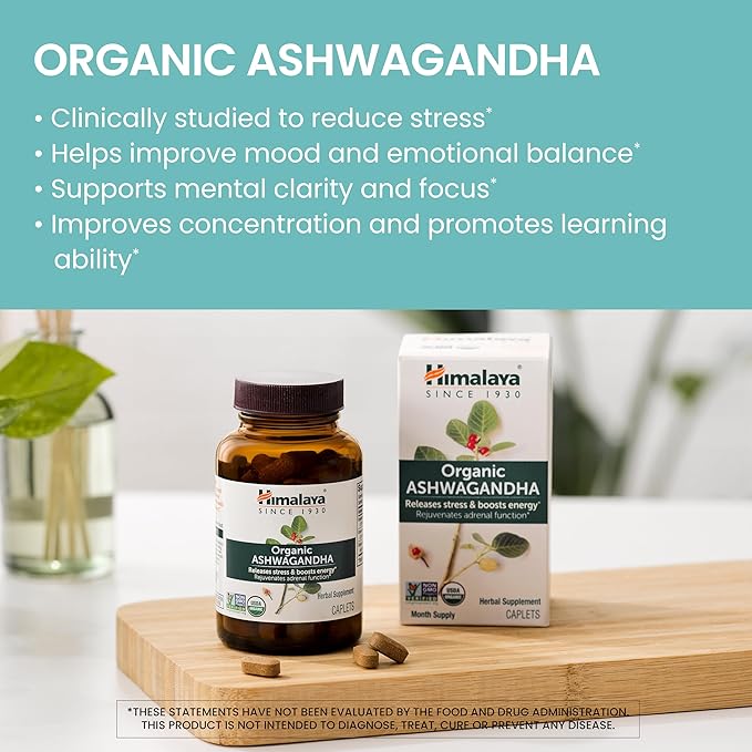 Himalaya Organic Ashwagandha, 120 Day Supply, Herbal Supplement for Stress Relief, Energy, Occasional Sleeplessness, Excipient Free, Organic, Non-GMO, Vegan, Gluten Free, 670 mg, 60 Caplets, 2 Pack