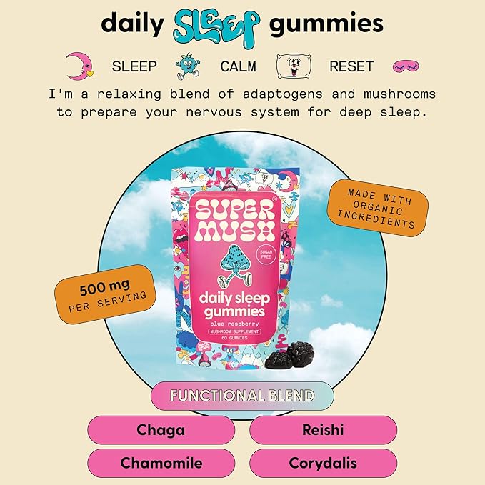 Sleep Gummies for Adults - Mushroom Supplement with Magnesium Citrate, L-Theanine, Chaga, Reishi & Chamomile for Deep Sleep, REM & Detox - Vegan & Sugar-Free - 60 Gummies (30 Servings)