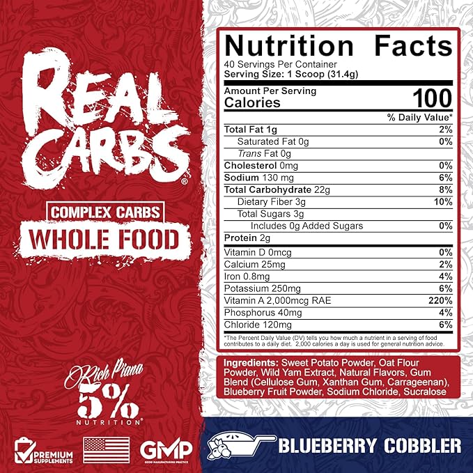 5% Nutrition Rich Piana Real Carbs with Real Food Complex Carb Powder, Long-Lasting Low Glycemic Energy for Pre-Workout/Post-Workout Recovery Meal, 2.8 lb, 40 Servings (Blueberry Cobbler)
