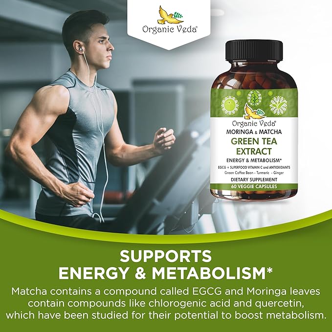 Organic Veda Green Tea Extract ECGC Capsules - Antioxidants Rich Matcha, Green Coffee Bean, Turmeric, Moringa, Vitamin C - Energy, Metabolism, Brain, Immune & Heart Health Supplement - 60 Pills