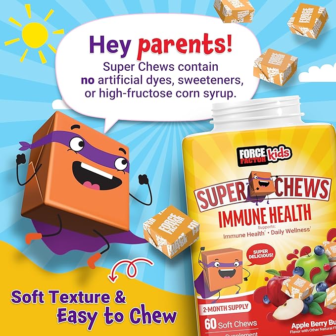 FORCE FACTOR Kids Immune Health Super Chews, Kids Immune Support Supplement with Vitamin D for Kids, Elderberry, Vitamin C, & Zinc, 2-Month Supply, Non-GMO, Apple Berry Flavor, 60 Soft Chews