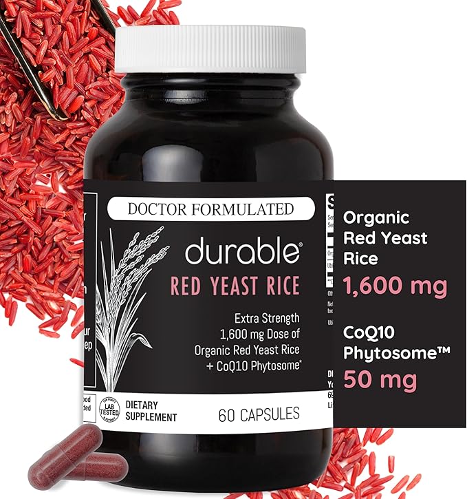 Durable Red Yeast Rice - Enhanced with CoQ10, Extra Strength Management, Heart Health, Healthy Blood Flow - 1600mg Organic Red Yeast Rice + 50 mg KanekaQ10 CoQ10 - (60 Count (Pack of 3))
