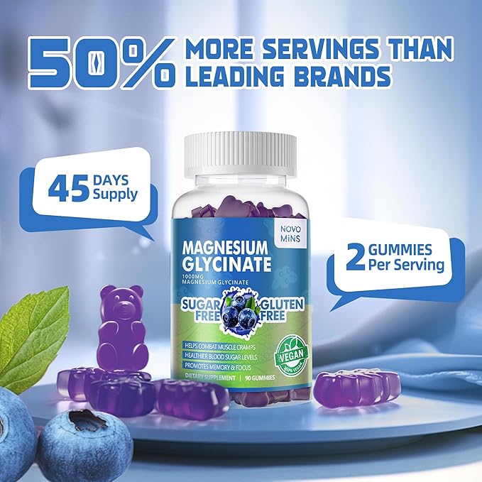 90 CT Magnesium Glycinate Gummies 1000mg - Sugar Free Magnesium Potassium Supplement with Vitamin D, B6, CoQ10 for Calm Mood & Sleep Support - 90 Blueberry Gummies.