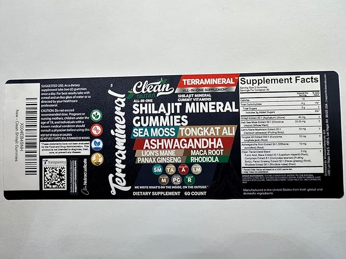 Terramineral Shilajit Gummies with Irish Sea Moss Tongkat Ali Ashwagandha Lion's Mane MACA Panax Ginseng Rhodiola & Cordyceps by Clean Nutra (1)
