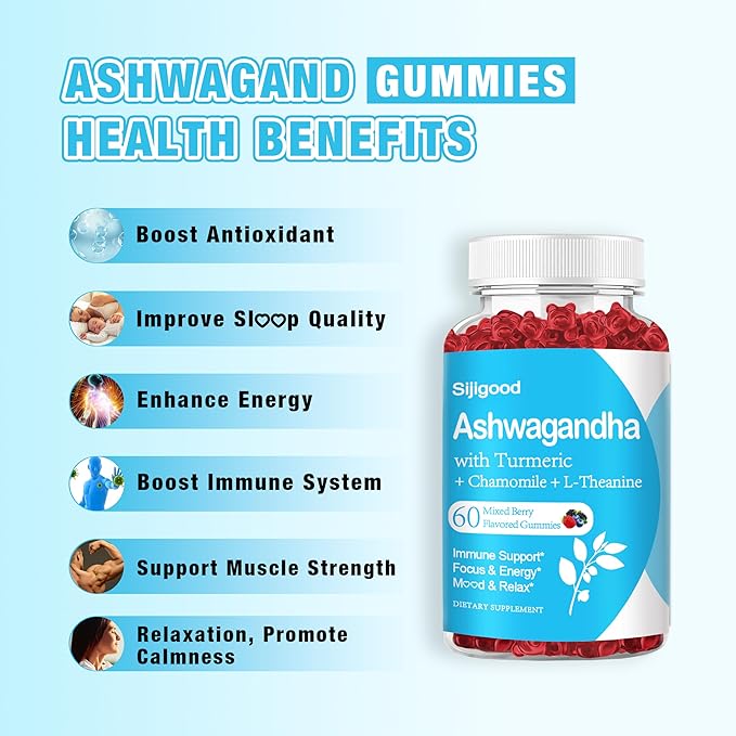 Ashwagandha Gummies with L-theanine, Ashwa Root Supplement Gummy for Women Men, 60 Mixed Berry Flavored Gummies