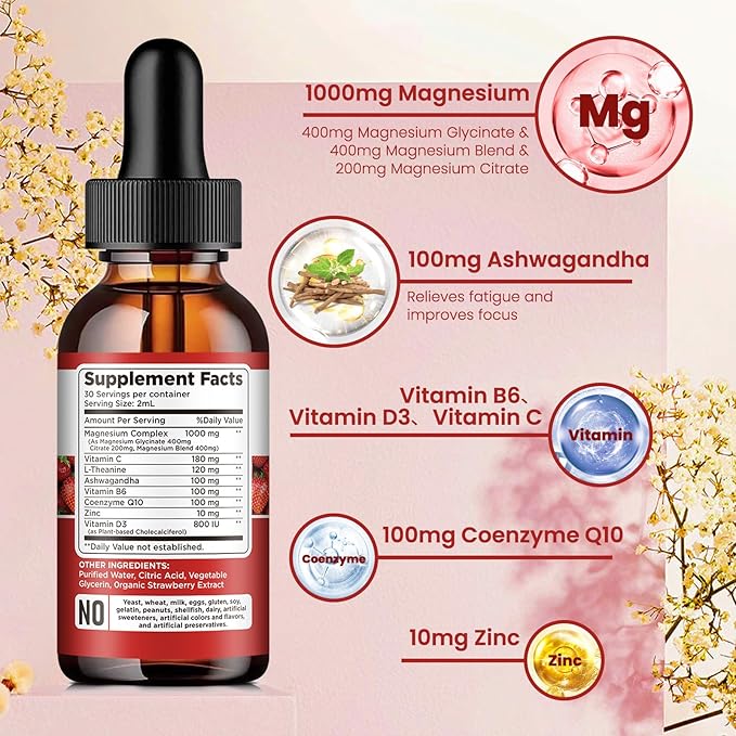 Triple Magnesium Complex Supplement, Magnesium Glycinate, Blend, Citrate Liquid Drops 1000mg with Ashwagandha, CoQ10, Vitamin B6, C, D, Zinc -Support Calm Stress Relief, Bone, Muscle, Mood 2 Pack