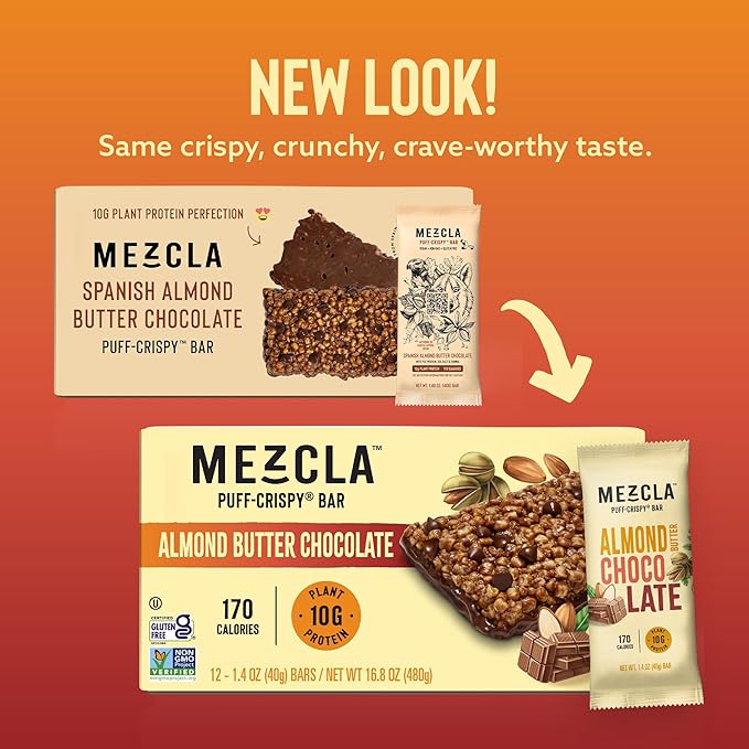 Mezcla Vegan Protein Bars, Gluten Free Snack Made with Dark Chocolate, Pea Protein, Almonds and Other Premium Ingredients, Healthy Snacks, Almond Butter Chocolate, 10g of Protein, 12 Pack