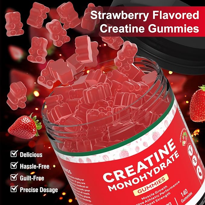 Creatine Monohydrate Gummies for Men & Women, 140 Gummies, Strength and Endurance Enhancing Creatine Gummies, Gluten Free, Sugar Free, Strawberry Flavor