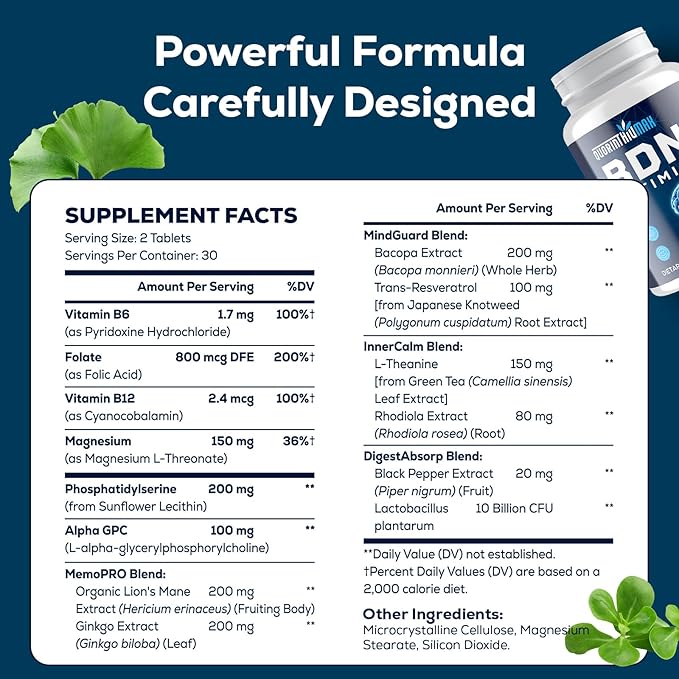 Nootropic Brain Supplement for Memory and Focus – BDNF Optimizer – Cognitive, Mental Clarity & Mood – High Absorption – Organic Lion's Mane, Ginkgo Biloba & L-Theanine – 60 Tablets (2 Bottle)