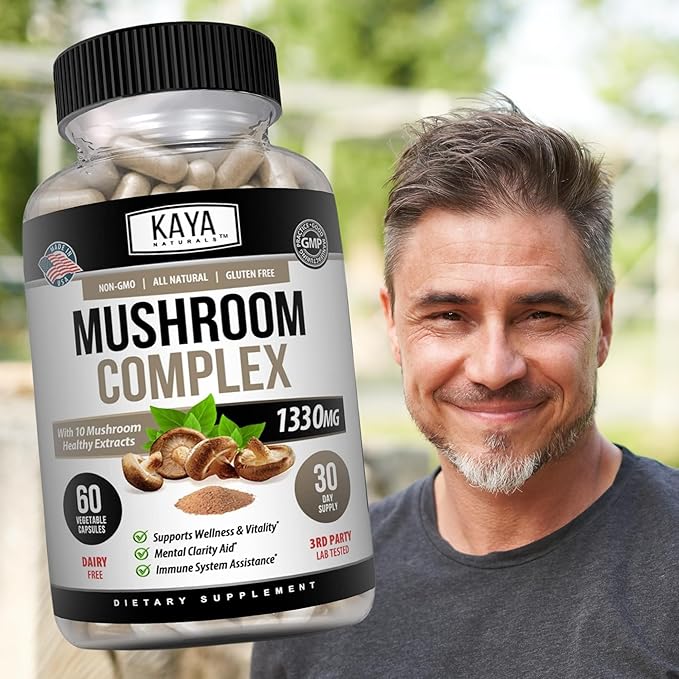 Kaya Naturals Premium Mushroom Complex Potent - Mushroom Complex Capsules 1330mg Per Serving - Aids Mental Clarity Supports Immune System, Wellness & Vitality - 60 Count