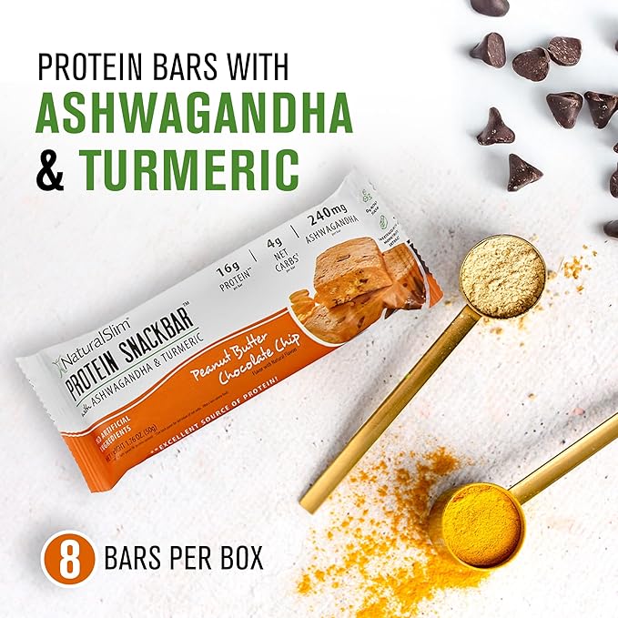 NaturalSlim Protein bars with Ashwagandha & Turmeric - High Protein Snacks Sweetened with Monkfruit & Stevia - Low in Carbohydrates & Low Calorie Snacks - Peanut Butter Chocolate Chip 8 bars/Box