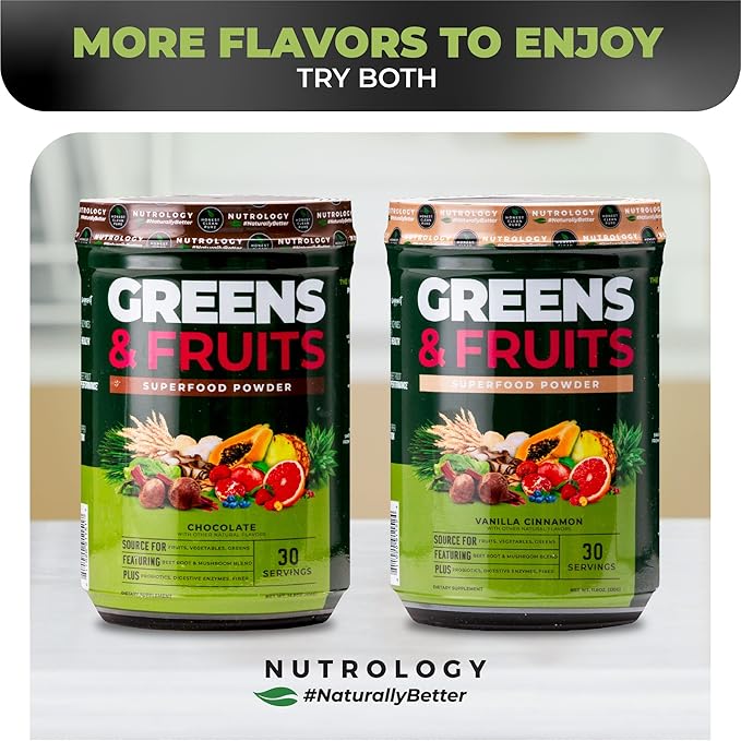 Nutrology Greens & Fruits Powder-Naturally Sourced Superfood, Beet Powder, Mushroom Blend, Probiotics, Digestive Enzymes, Fiber, Antioxidants, Immune Support, Gluten Free - Vanilla Cinnamon