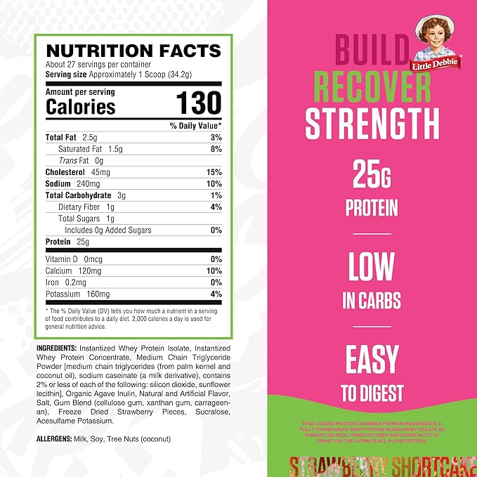Ryse Loaded Protein Powder - Little Debbie Strawberry Shortcake Rolls - 25g Whey Protein Isolate & Concentrate with Prebiotic Fiber & MCTs - Low Carb & Low Sugar - 27 Servings / 2 lb Tub