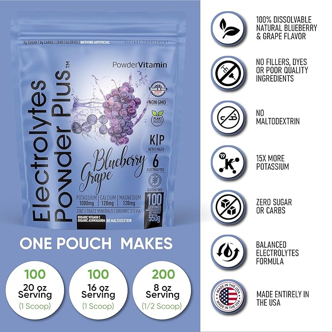 Electrolytes Powder Plus (100 Servings) Blueberry Grape Electrolyte Powder Sugar Free, Keto, 0 Sugar, No Maltodextrin, 1000mg Potassium, 120mg Calcium, 120mg Magnesium, Hydration Powder