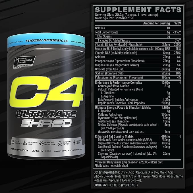 Cellucor C4 Ultimate Shred Pre Workout Powder, Metabolism Supplement with Cayenne Extract+300mg Caffeine+TeaCrine+Dynamine - Frozen Bombsicle, 20 Servings