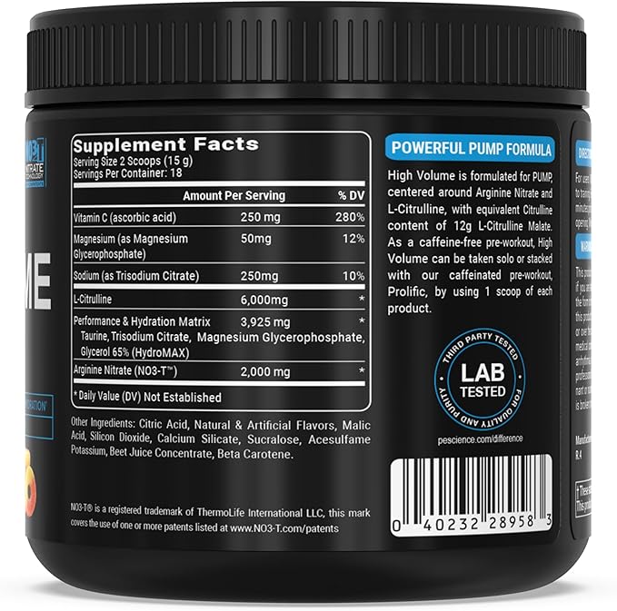 PEScience High Volume Stim-Free Pre Workout, Nitric Oxide Booster with L Citrulline & L Arginine Nitrate, Non-Stim Preworkout for Men and Women, 36 Scoops, Sour Peach Candy