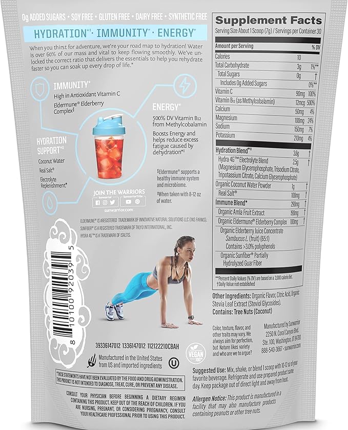 Sunwarrior Vegan Hydration Blend Electrolyes Supplement | Elderberry Coconut Water Real Salt Soy Free Sugar Free Synthetic Free Gluten Free Dairy Free | Coconut Berry 30 Servings | Active Hydration