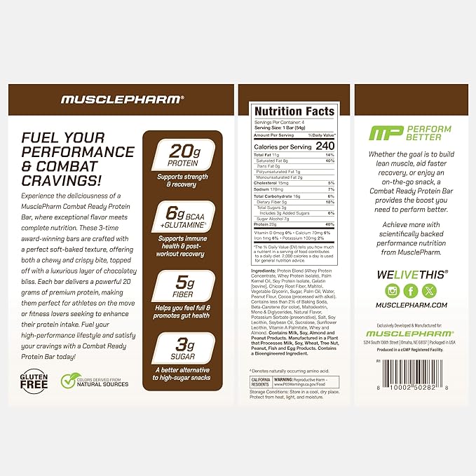 MusclePharm Combat Ready Chocolate Peanut Butter Cup, High Protein Bars, Combat Cravings, Fuel Performance & Meet Energy Demands, 20g Protein from Whey Protein, 5g Fiber, Gluten Free, 4 Bars