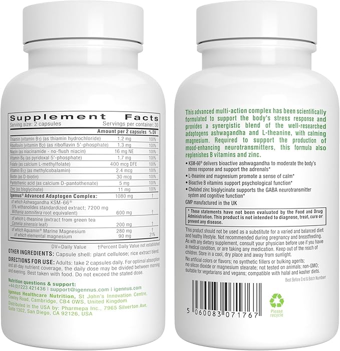 Igennus High Strength Ashwagandha Stress Relief Complex, L-Theanine & Magnesium & KSM-66 Root Extract Adaptogens, Methylated B Vitamins, Calm & Sleep Support, Clean Label, 60 Vegan Capsules