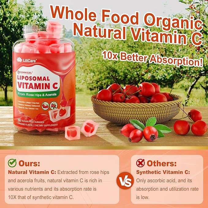 Liposomal Vitamin C 1000mg Filled Gummies for Adults & Kids 9+, 1660mg Blend w/Echinacea, Elderberry, D3, Zinc, Iron, Bioflavonoid, Astaxanthin, Natural Organic Chewable Vitamin C, Sugar Free, 2Pack