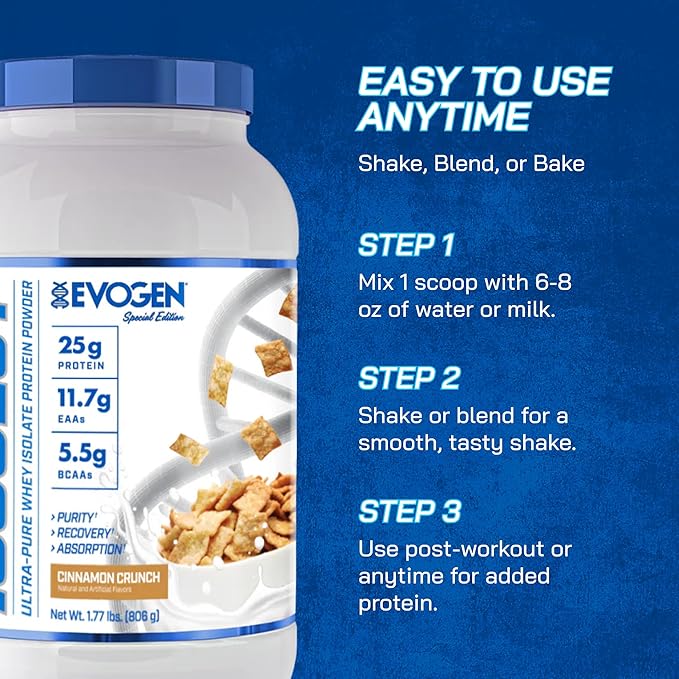 Evogen Isoject - Whey Protein Isolate | Ultra-Pure Whey Protein Powder with Ignitor Enzymes, BCAAs, and EAAs | Enhanced Absorption & Recovery | Cinnamon Crunch | 26 Servings