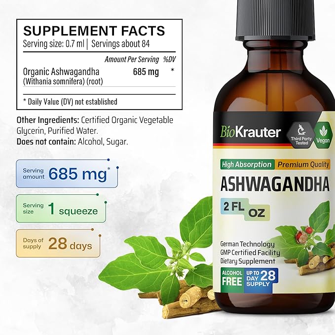 BIO KRAUTER Ashwagandha Tincture 2 Fl. Oz. & Rhodiola Rosea Tincture 2 Fl. Oz.
