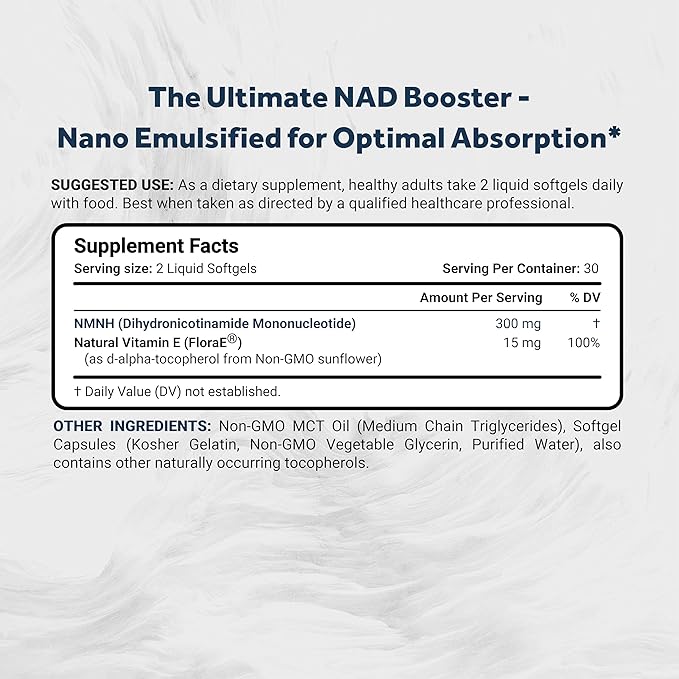 NMNH (Dihydronicotinamide Mononucleotide) 300mg Per Serving - May Better Enhance NAD+ Levels & Support - Nano Emulsified in MCT Oil for Better Absorption - 60 Softgels