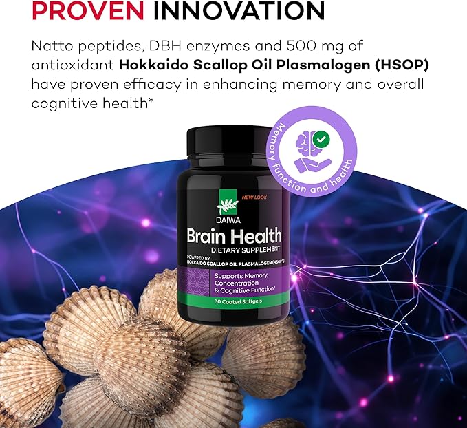 Daiwa Brain Health Supplement for Adults - Plasmalogen Focus Supplement for Memory and Concentration - Cognitive Brain Booster with 50mg of Hokkaido Scallop Oil Plasmalogen (HSOP) - 30/ct