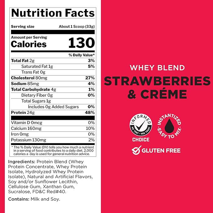 Rule One Proteins, R1 Whey Blend - 24g Fast-Acting Whey Protein Concentrates, Isolates, and Hydrolysates Per Serving, with Naturally Occurring EAAs and BCAAs (2 Pounds*, Strawberries and Crème)