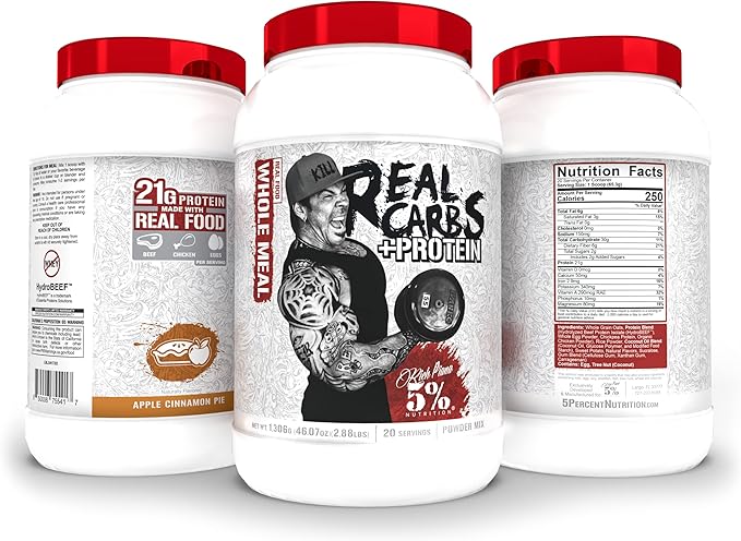 5% Nutrition Rich Piana Real Carbs + Protein | Clean Mass Gainer Meal Replacement Protein Powder | Carbohydrate for Pre Workout/Post-Workout Recovery Meal | 2.9 lb, 20 Servings (Apple Cinnamon Pie)