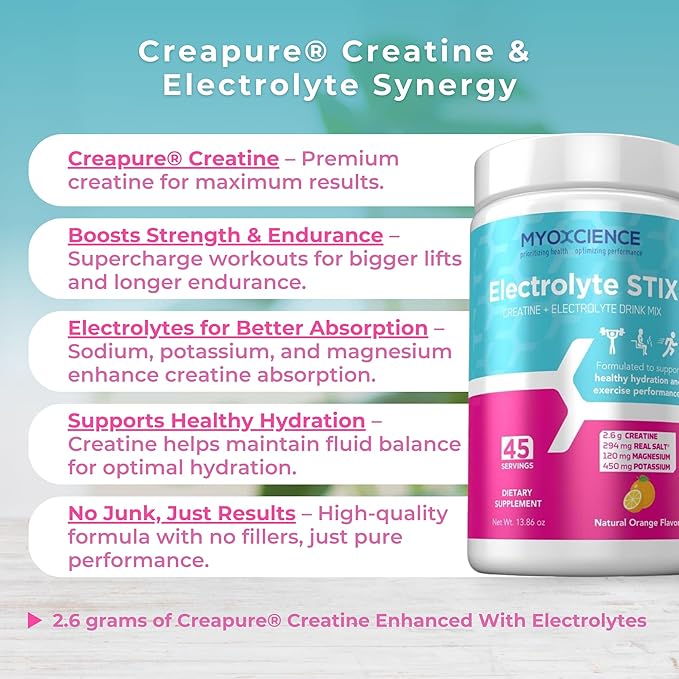 MYOXCIENCE Electrolyte STIX | Creatine Electrolyte Powder | Recovery from Exercise & Muscle Development w/Real Salt (Natural Orange Flavor) (Jar 45 ct)