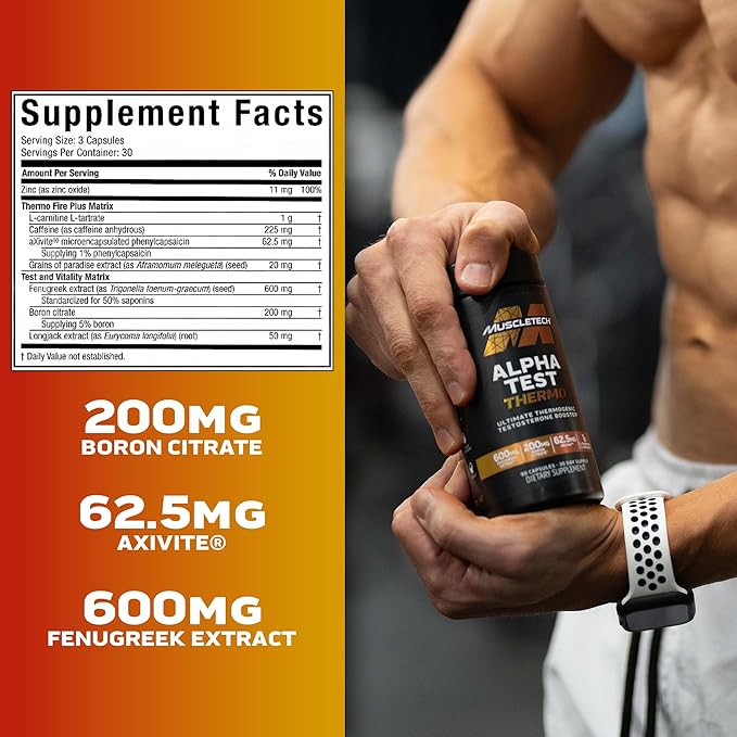 MuscleTech Thermogenic Testosterone Booster for Men, AlphaTest Thermo - T-Boost Mens Supplement with Tribulus Terrestris - Male Gym Workout Supplements for Muscle Growth, Stamina & Energy - 90 Pills