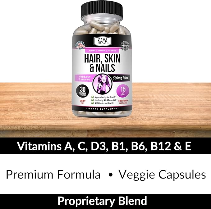 Kaya Naturals Hair Skin Nail Capsules with Biotin - Hair and Skin Vitamins, Vitamin D Vitamin B-12 A Folic Acid Support, Hair Support Vitamin Supplement for Hair Skin Nails- 30 Count Capsules