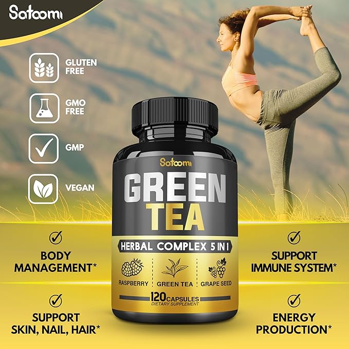 5in1 Organic Green Tea Extract with EGCG- 14200mg per Serving - Blended Raspberry, Grape Seed, Gymnema & Coleus Forskohlii - Support Heart, Body Balance & Immune for 2 Months