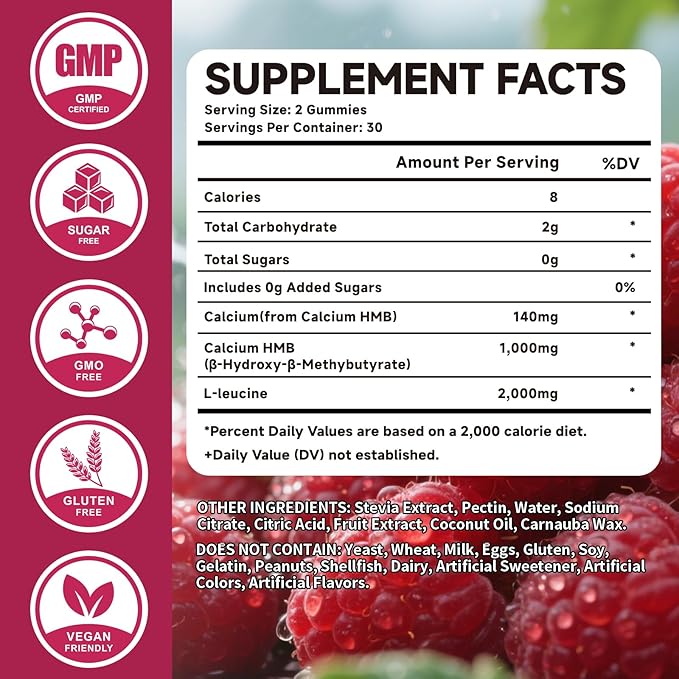 HMB and Leucine Gummies 3000mg, Leucine Amino Acid HMB Supplements for Men & Women for Muscle Growth, Muscle Relief and Workout Recovery, Sugar Free Vegan Non-GMO, Raspberry Flavor, 120 Count