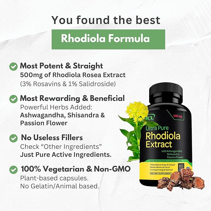 Rhodiola Rosea Supplement High Potency Extract 500mg - 3% Rosavins 1% Salidrosides with Ashwagandha Shisandra Passion Flower Herb Powder Capsules - Natural Way to Relieve Stress - Pills for Energy