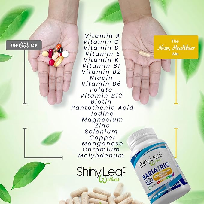 Shiny Leaf Bariatric Multivitamin Without Iron - Vitamins for Gastric Bypass & Sleeve, 1 Daily Capsule W Vitamin A, C, D, Biotin, Zinc, B12, K, Vegetarian, Soy-Free, GMP Cert., Made in USA (180 Ct.)