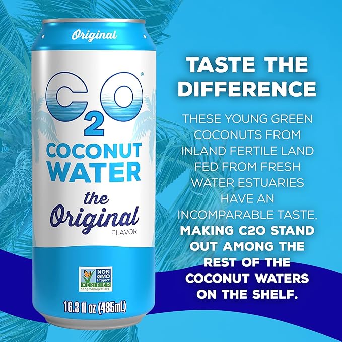 C2O - Coconut Water, The Original Flavor (8 Pack) - Made with Fresh Coconut Water - Plant Based - Non GMO - Canned Water - Natural Hydration, Essential Electrolytes, & Potassium - 8 Cans, 16.3 FL OZ