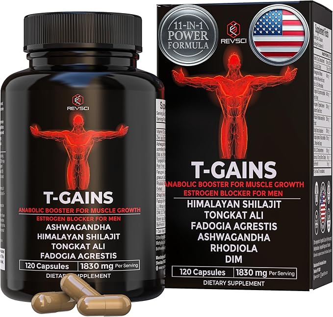 Anabolic Booster & Muscle Builder for Men, Total GAINS Muscle Growth & Estrogen Blocker, Ashwagandha, Shilajit, Fadogia, Tongkat Ali for Stamina, Energy & Strength, HGH Supplements for Men, 120 Count