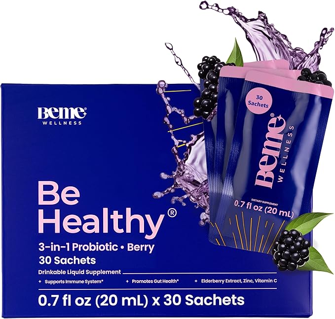 BeMe 3-in-1 Liquid Probiotic for Women & Men, Be Healthy-Drinkable Liquid Probiotics Supplement for Digestive & Gut Health - Prebiotic, Probiotic, & Postbiotic Supplements for Adults (30 Sachets)