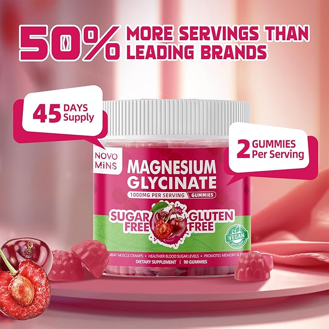 90 CT Magnesium Glycinate Gummies 1000mg - Sugar Free Magnesium Potassium Supplement with Vitamin D, B6, CoQ10 for Calm Mood & Sleep Support - 90 Cherry Gummies.