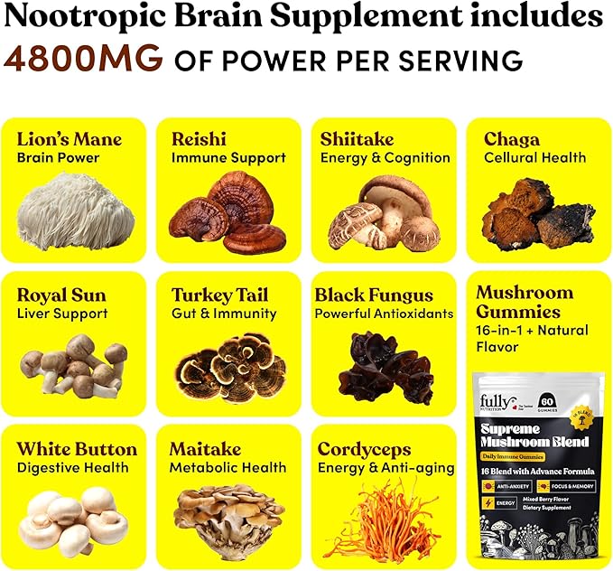 16 in 1 Blend Mushrooms Gummies for Adults - Lion's Mane Mushroom Supplement, Focus Gummies with Lions Mane, Lion's Mane Gummies for Adults, Natural Mushroom Supplement for Cognitive Support & Clarity