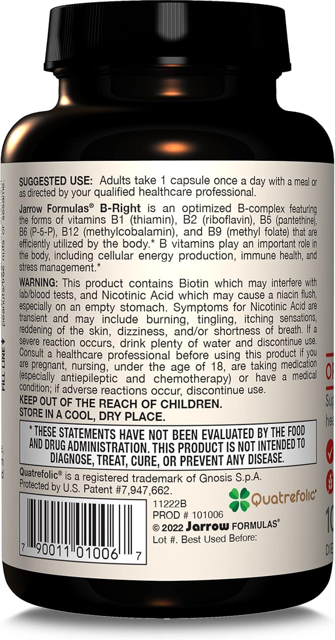 Jarrow Formulas B-Right, Optimized B Complex Featuring Vitamin B1, B2, B5, B6, B12 and B9 to Support Cellular Energy, Immune Health and Stress Management, 100 Veggie Capsules, Up to a 100 Day Supply