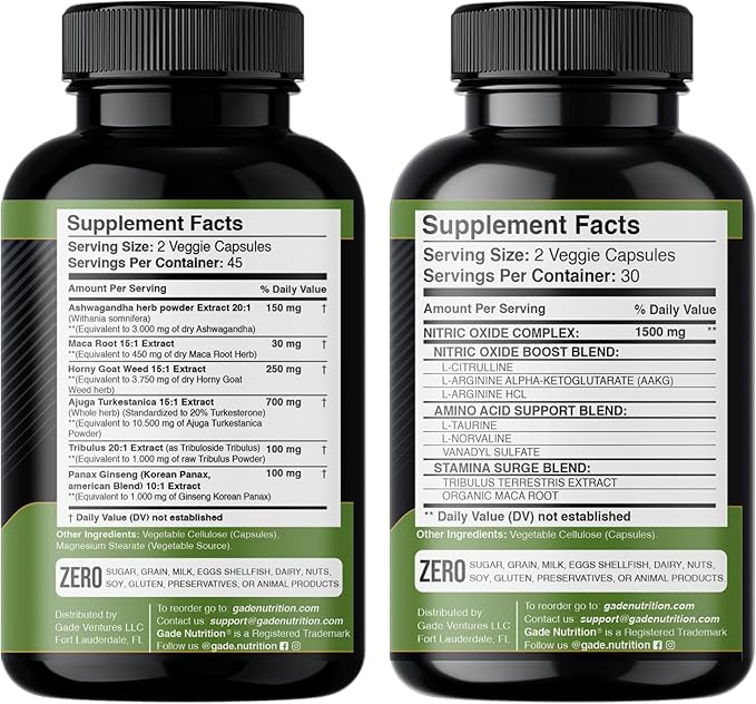 Gade Nutrition Ashwagandha with Maca Root, Horny Goat Weed, Turkesterone, Tribulus Terrestris, Panax Ginseng + Nitric Oxide Booster - Bundle for Energy, Vitality, Performance, Pump